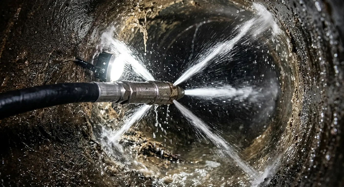 High-pressure hydro jetting nozzle cleaning sewer pipe for Sewer Cleanout in Altadena