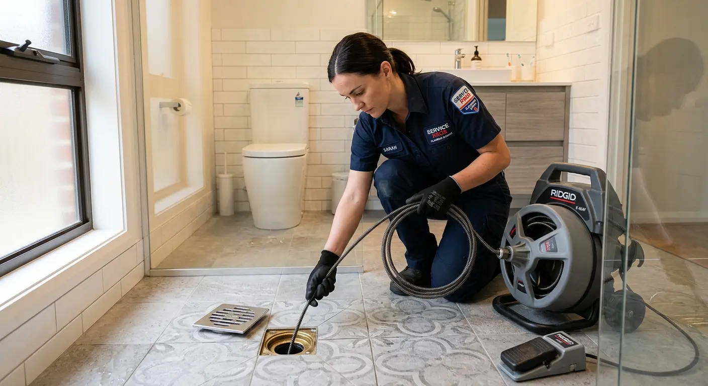 Technician clearing a bathroom floor drain for Hydro Jetting in Altadena